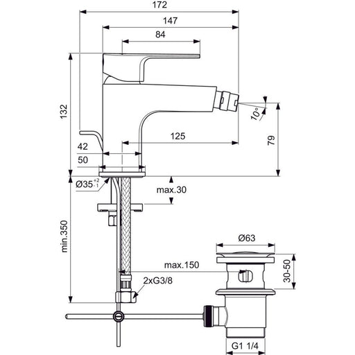 Ideal Standard - Bidetarmatur CERAFINE D, m.Ablgarn., Ausld.124mm, Chrom