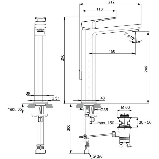 Ideal Standard - WT-Arm.TONIC II,m.verlägertem Sockel, 5 l/min., m.Ablgarn., Ausld.160mm, Chrom