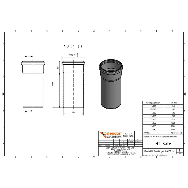 Gebr. Ostendorf - HTsafeEM Rohr DN 90 x 500 mm