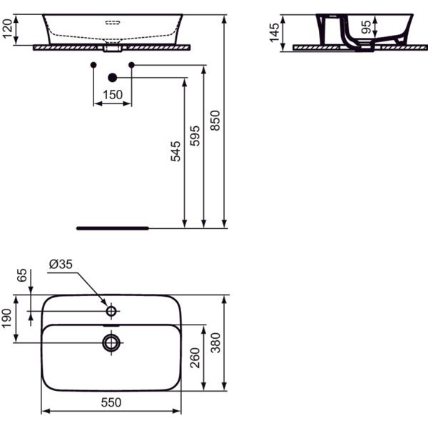 Ideal Standard - Schale IPALYSS, 1 Hl., m.Ül., 550x380x145mm, Schwarz Matt