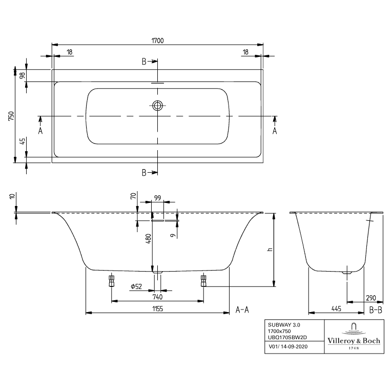 VILLEROY & BOCH - Badewanne Subway 3.0 1700x750x625mm re-eckig m. System AE TP1 Weiß Alpin