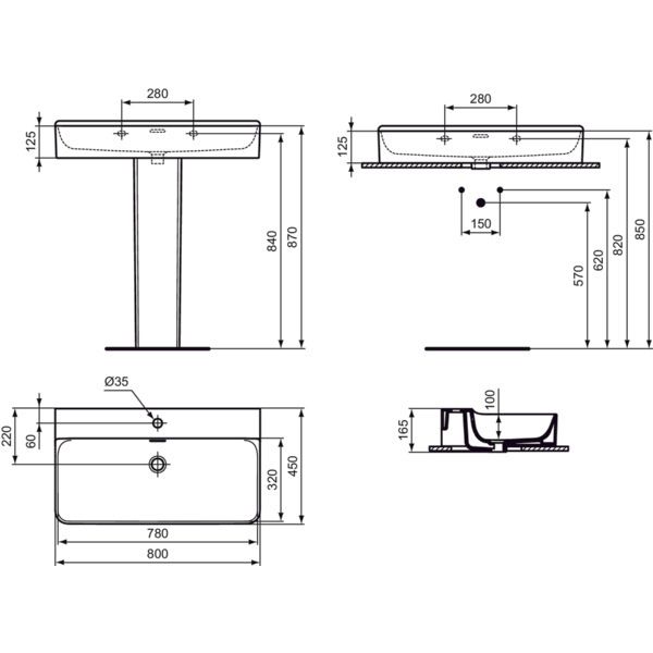 Ideal Standard - Waschtisch CONCA, 1 Hl., m.Ül., 800x450x165mm, Weiß