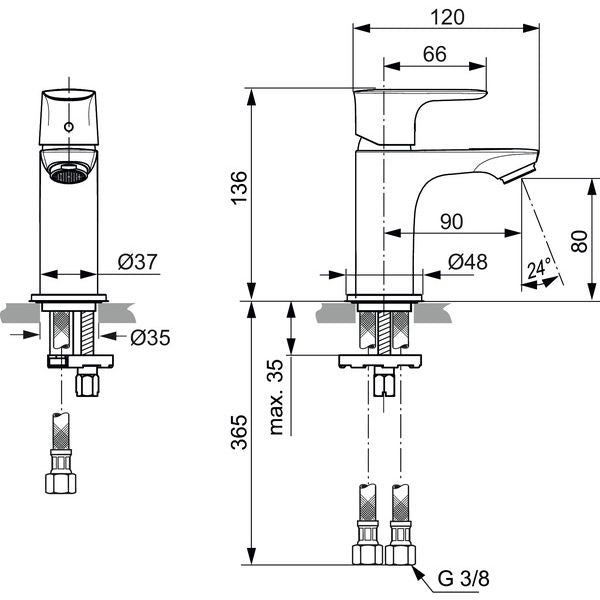 Ideal Standard - Waschtischarm. CONNECT AIR, Piccolo 5 l/min., o.Ablgarn., Ausld.90mm, Chrom
