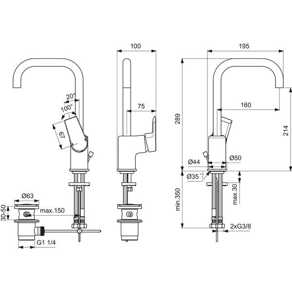 Ideal Standard - Waschtischarmatur TESI,m.hohem Ausl., 5 l/min., m.Ablgarn., Ausld.160mm, Chrom