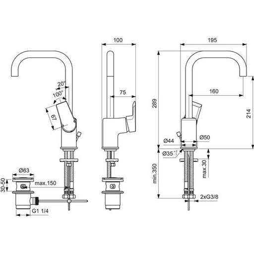 Ideal Standard - Waschtischarmatur TESI,m.hohem Ausl., 5 l/min., m.Ablgarn., Ausld.160mm, Chrom