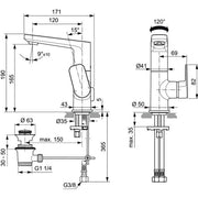 Ideal Standard - WT-Armatur TONIC II, m.hohem Auslauf, 5 l/min., m.Ablgarn., Ausld.120mm, Chrom