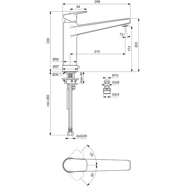 Ideal Standard - Küchenarmatur CERAPLAN m.h.Auslauf Ausld.210mm m.Absperrventil Chrom