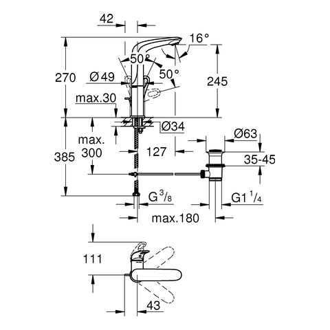 Grohe - EH-Waschtischbatt. EUROSTYLE 23569 L-Size Zugst.-Abl-ga.Hebel off.chr