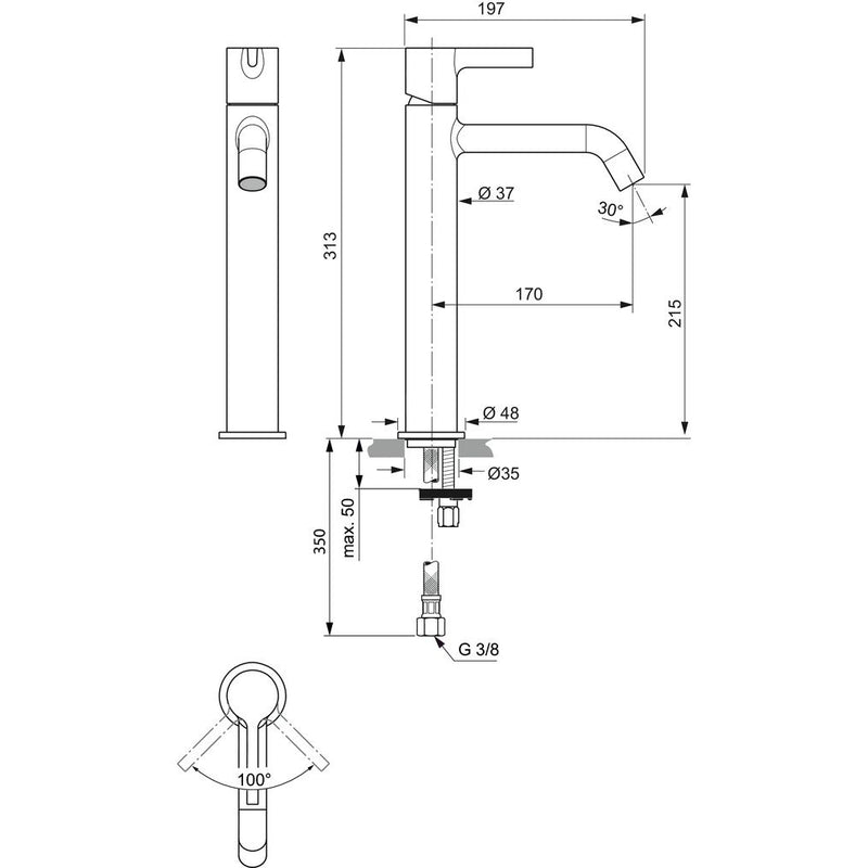 Ideal Standard - Waschtischarmatur JOY, m.verl.Sockel, o.Ablgarn., Ausld.170mm, Chrom