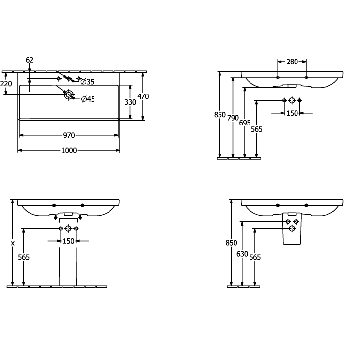 VILLEROY & BOCH - SWT AVENTO 4156 1000x470mm 3-Loch Arm mittl HL durchgest Überl Eckig WeißAlpin