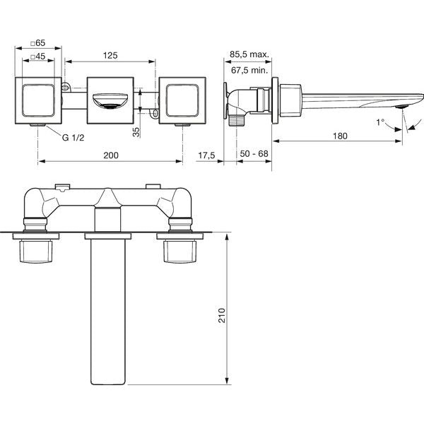Ideal Standard - Wand-Waschtischarmatur CONCA, BS1+2, eckige Rosetten,Ausld.180mm,MagneticGrey