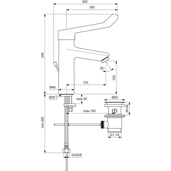 Ideal Standard - WT-Armatur CERAPLUS 2, Grande m.Klinikhebel,m.Ablgarn.,Ausld.123mm,Chr