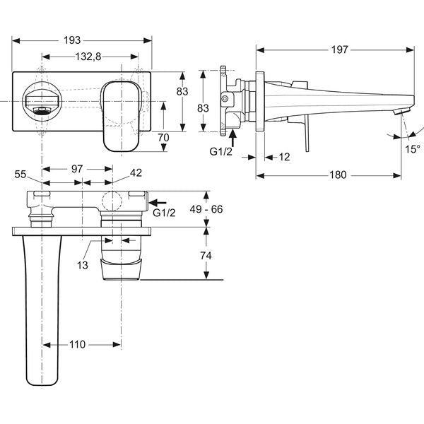 Ideal Standard - Wand-WT-Armatur UP TONIC II,5 l/min., Bausatz 2,Ros.193x83mm,Ausld.180mm,Chrom