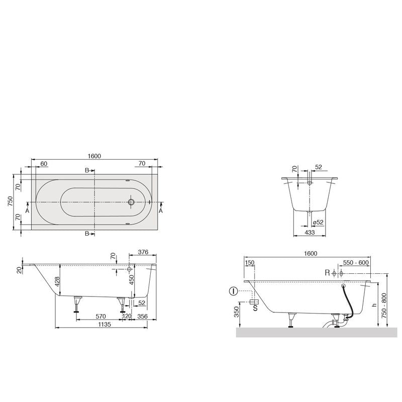 VILLEROY & BOCH - Quaryl-Badewanne A18 rechteck KF 1600x750x450mm mit Wannenfüßen weiß