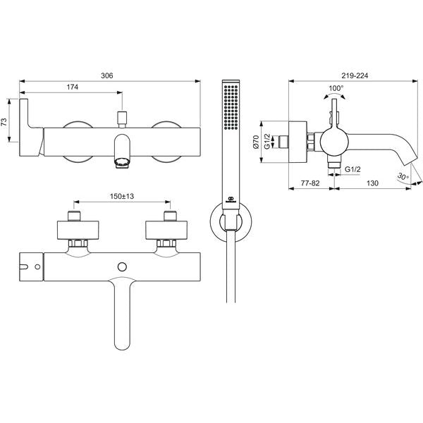 Ideal Standard - Badearmatur AP JOY, m.Stab-HB, Brauseschlauch u.Wandhalter, Chrom