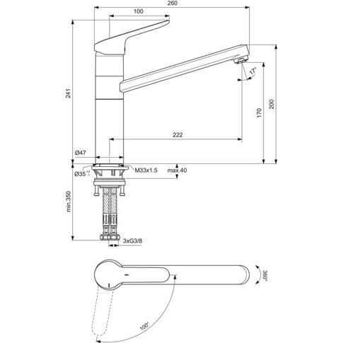 Ideal Standard - Küchenarmatur CERAFLEX, ND, m.hohem Rohrausl., Ausld.222 mm, Chrom