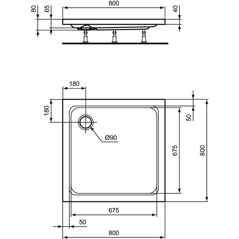 Ideal Standard - Rechteck-Brausewanne HOTLINE NEU, 800x800x80mm, Weiß