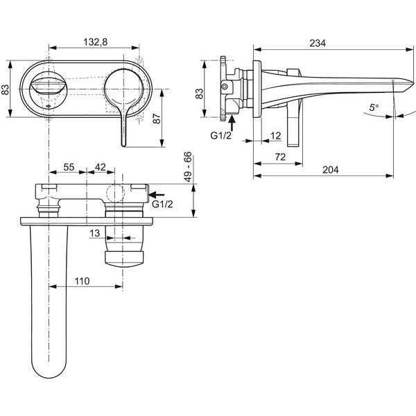 Ideal Standard - Wand-WT-Armatur MELANGE, Bausatz 2, Ausld. 202mm, Chrom
