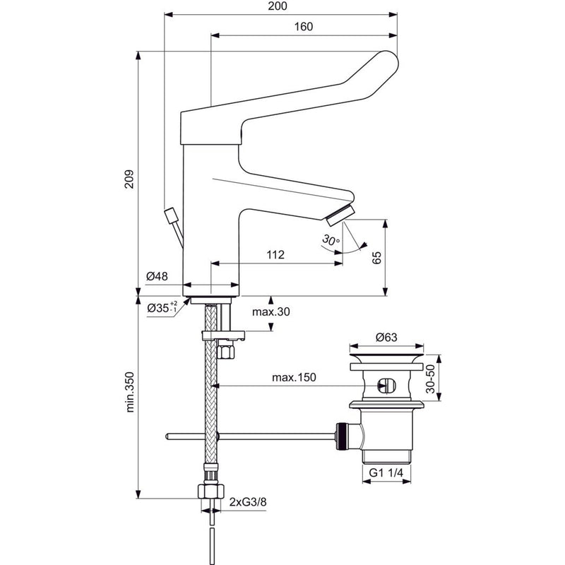 Ideal Standard - WT-Armatur CERAPLUS 2, m. Klinikhebel mit Ablaufgarn., Ausld. 112mm, Chrom