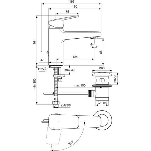 Ideal Standard - Waschtischarmatur CERAPLAN H90 m.Ablaufgarn. Ausld.124mm BlueStart Chr