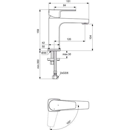 Ideal Standard - Waschtischarmatur CERAFINE D, H105, o.Ablgarn., Ausld.120mm, Chrom