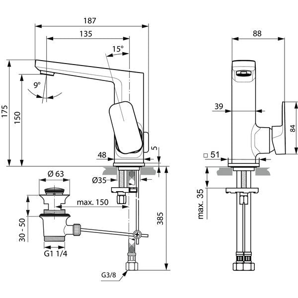 Ideal Standard - WT-Armatur TONIC II, m.hohem Auslauf, 5 l/min., m.Ablgarn., Ausld.135mm, Chrom