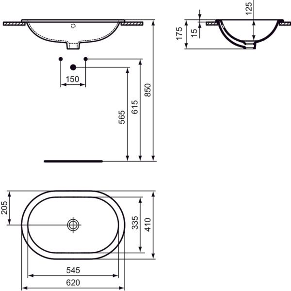Ideal Standard - Einbauwaschtisch CONNECT, oval, o.Hl., m.Ül., 620x410x175mm, Weiß