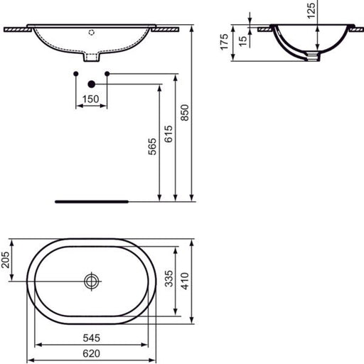 Ideal Standard - Einbauwaschtisch CONNECT, oval, o.Hl., m.Ül., 620x410x175mm, Weiß