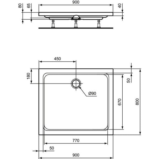 Ideal Standard - Rechteck-Brausewanne HOTLINE NEU, 900x800x80mm, Weiß