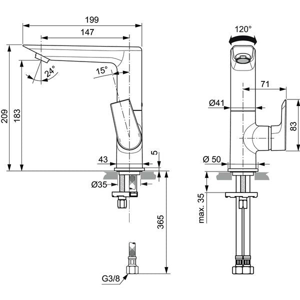 Ideal Standard - WT-Armatur TESI, 5 l/min.,o.Ablgarn., m.hohem schwenkb.Ausl.,Ausld.147mm,Chrom