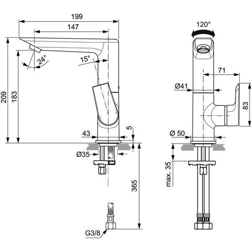 Ideal Standard - WT-Armatur TESI, 5 l/min.,o.Ablgarn., m.hohem schwenkb.Ausl.,Ausld.147mm,Chrom