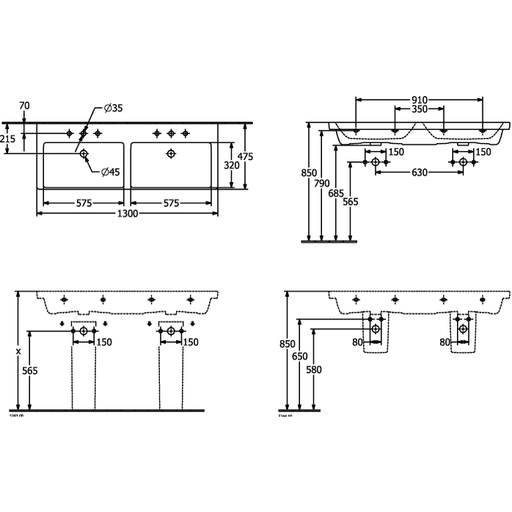 VILLEROY & BOCH - SchrankDWT Subway 3.0 1300x470mm re-eckig 2HL. o. ÜL. Stone White cplus
