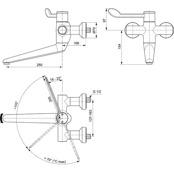 Ideal Standard - Wand-WT-Thermostat CERAPLUS 2 Ausld. 356mm, absp. S-Anschlüsse, Chrom