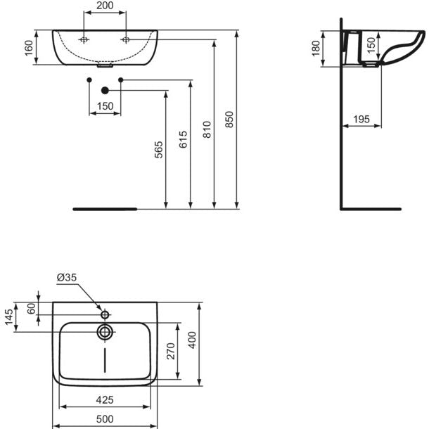 Ideal Standard - Waschtisch CONTOUR21 PLUS, 1 Hl., o.Ül., SmartGuard, 500mm, Weiß