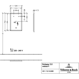 VILLEROY & BOCH - Spiegel Subway 3.0 500x750x47,5mm m. Bel. BiColour (Black Matt White Matt)