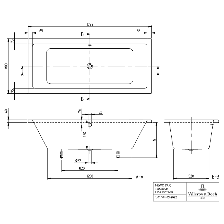 VILLEROY & BOCH - Badewanne NEWO 1800x800x440mm Duo Rechteck Weiß Alpin