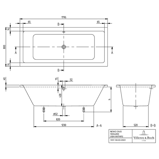 VILLEROY & BOCH - Badewanne NEWO 1800x800x440mm Duo Rechteck Weiß Alpin