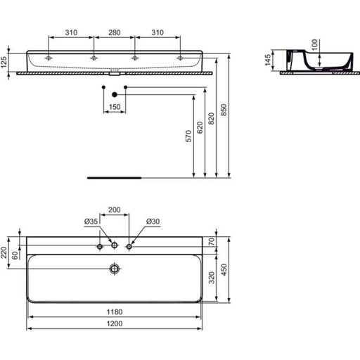 Ideal Standard - Waschtisch CONCA, 3 Hl., o.Ül., 1200x450x145mm, geschliffen, Weiß