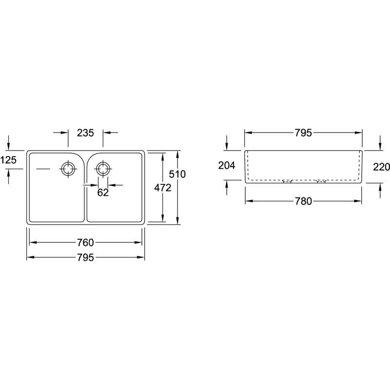 VILLEROY & BOCH - Doppelspülbecken O.NOVO 633100 795x220x500 weiß