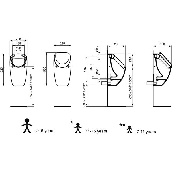 Ideal Standard - Absaugeurinal CONNECT, Zul.von hi., Zul.u.Abl.verd., 280x295x535mm, Weiß