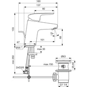Ideal Standard - Waschtischarmatur CERAFLEX, 5 l/min. m.Ablgarn. aus Kst., Ausld. 101mm, Chrom