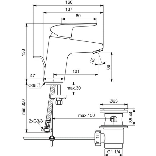 Ideal Standard - Waschtischarmatur CERAFLEX, 5 l/min. m.Ablgarn. aus Kst., Ausld. 101mm, Chrom