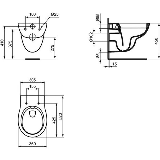 Ideal Standard - Wandtiefspül-WC CONTOUR 21 Plus, randlos, SmartGuard, 360x520x365mm, Weiß