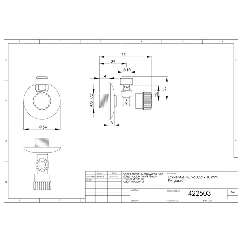 Adolf Schmidt - Basic Eckventile MS vc 1/2x10mm PA-geprüft