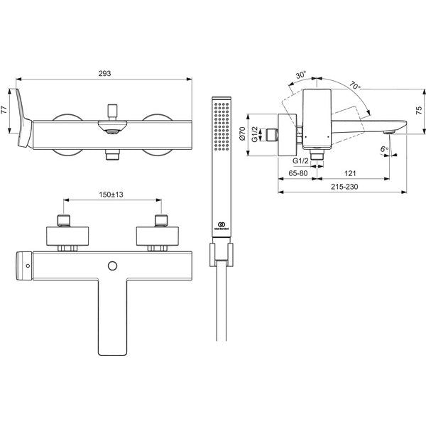 Ideal Standard - Badearmatur AP CONCA, m.Stab-HB, Brauseschlauch u.Wandhalter,MagneticGrey