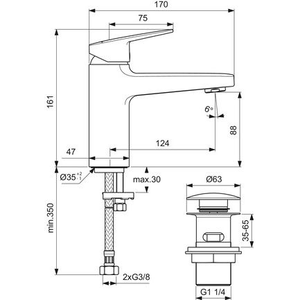 Ideal Standard - Waschtischarmatur CERAPLAN H90 m.Push-Open Ausld.124mm Chrom