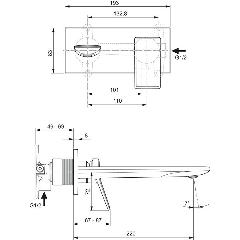 Ideal Standard - Wand-Waschtischarmatur CONCA, BS2, eckige Rosette, Ausld.225mm, Chrom