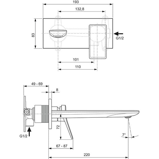 Ideal Standard - Wand-Waschtischarmatur CONCA, BS2, eckige Rosette, Ausld.225mm, Chrom