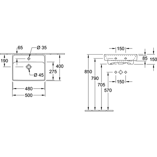 VILLEROY & BOCH - Handwaschbecken COLLARO 433450 500x400mm Eckig mit Überlauf Weiß Alpin