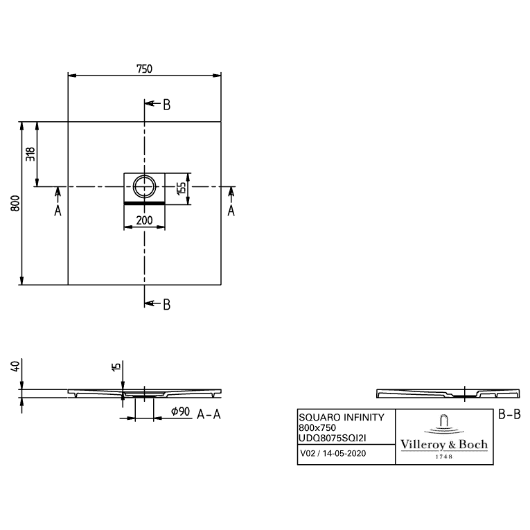 VILLEROY & BOCH - Duschwanne Squaro Infinity 800x750x40mm re-eckig Anthracite